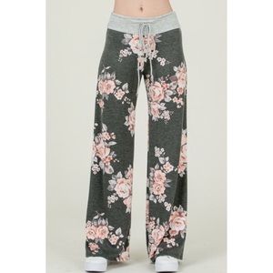 Pink and Grey Floral Sweatpants with Pockets